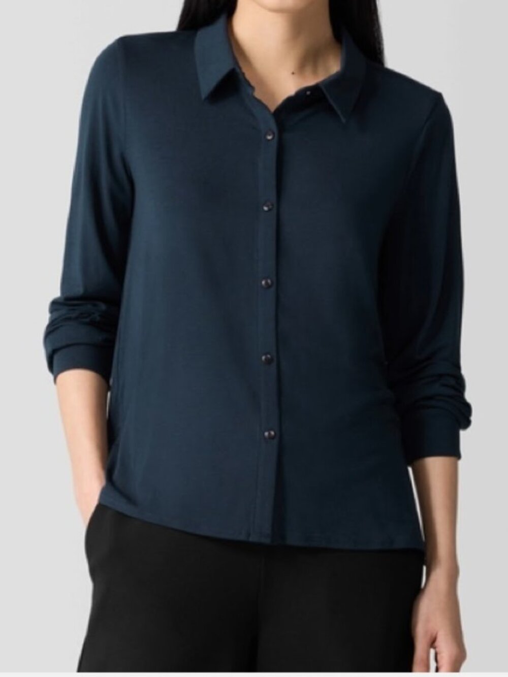 Eileen Fisher Fine Jersey Classic Collar Shirt in Navy Quiet Luxury Women's XL